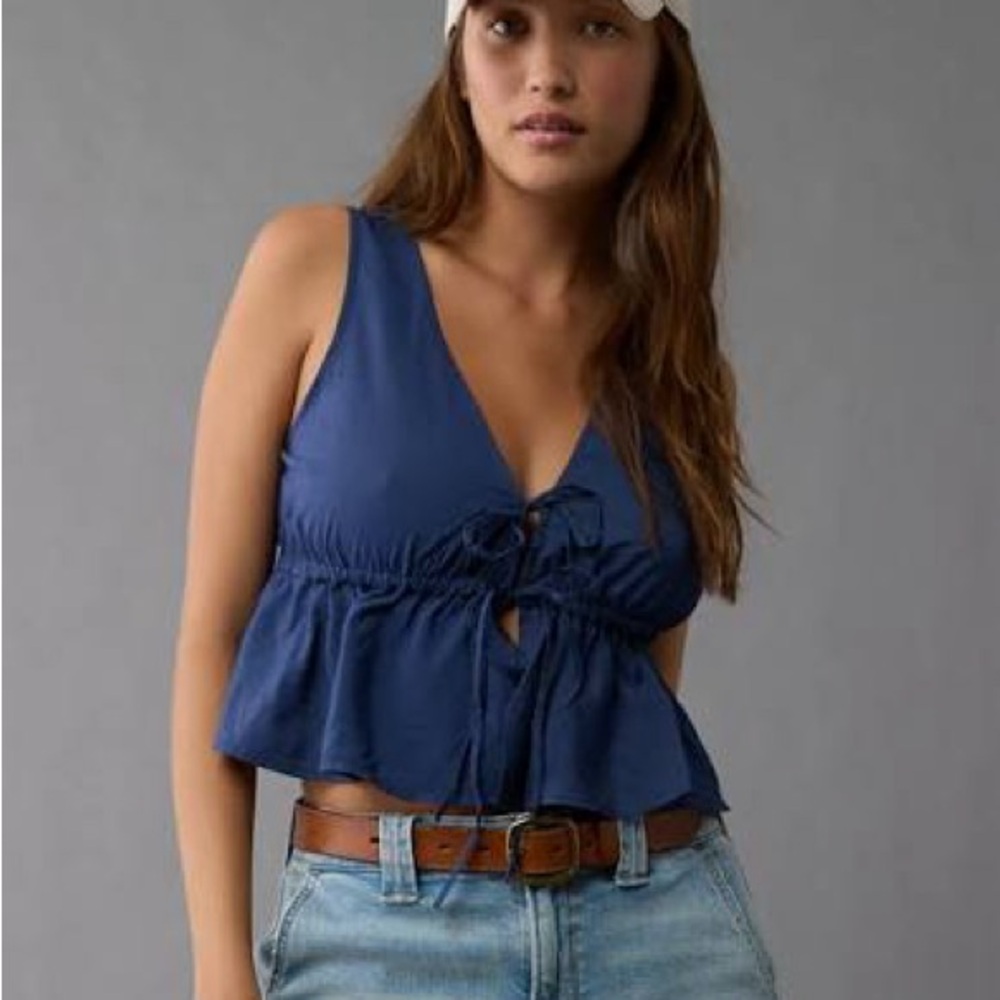 Aerie Navy Tie-Front Crop Top